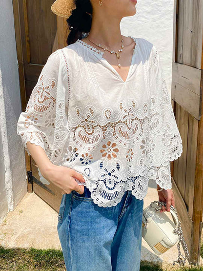 Morgan Vacation V-Neck Flare Sleeve Embroidered Lace Top