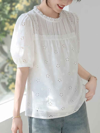 Isabelle Loose Auricular Puff Sleeve Hollowed Blouse