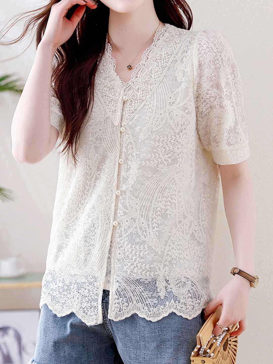 Kylie Elegant V-Neck Crochet Lace Blouse