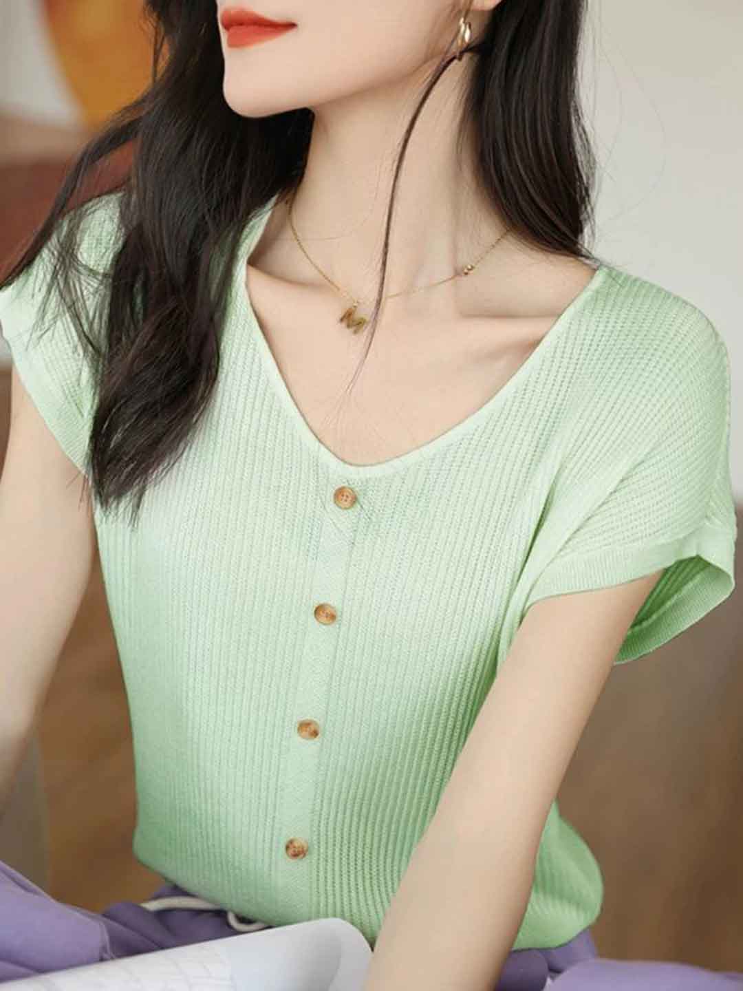 Kaylee Loose V-Neck Buttons Knitted Top