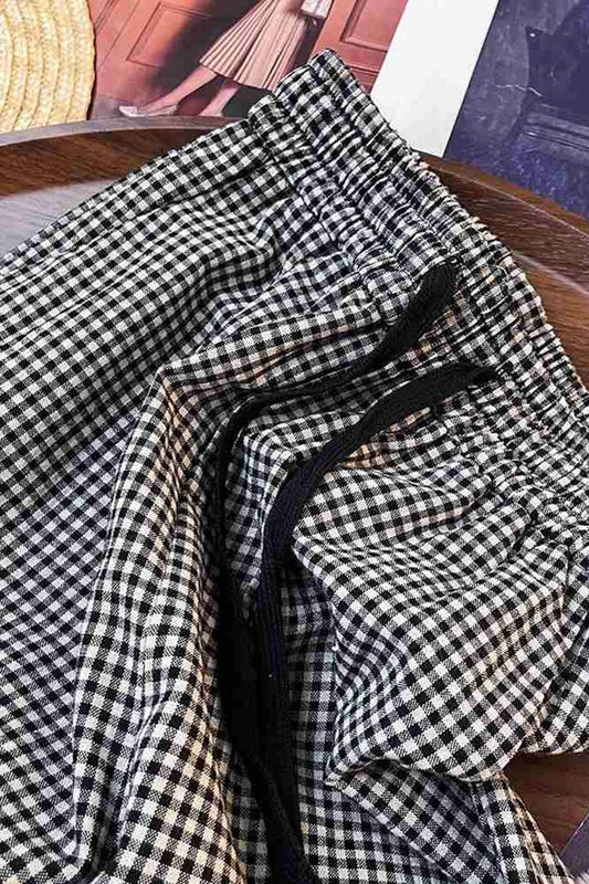 Elastic Waist Drawstring Plaid Pattern Long Pants