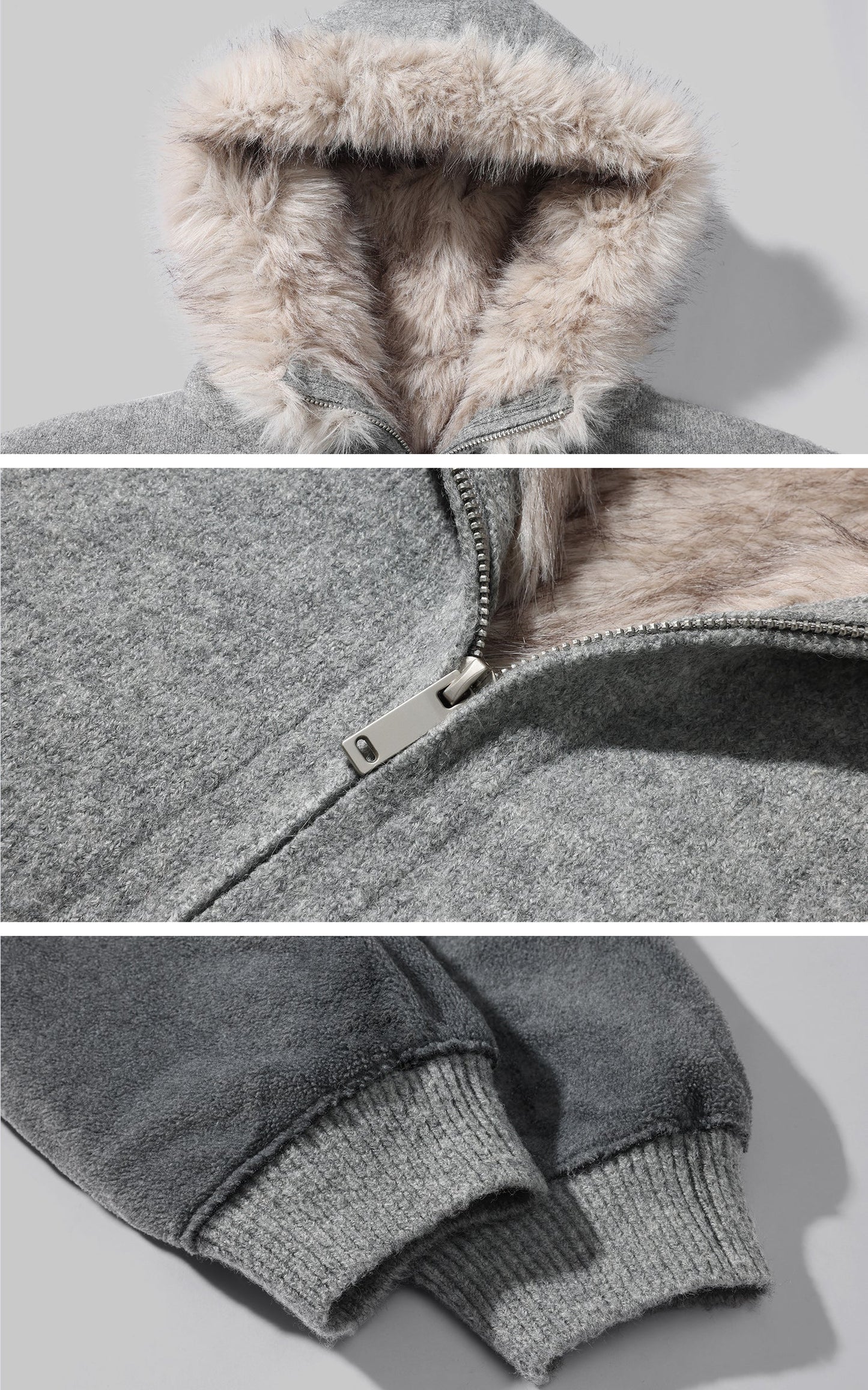 Furry Hood Jacket & Knit Hood Hat Set with Slim Top and Drawstring Shorts