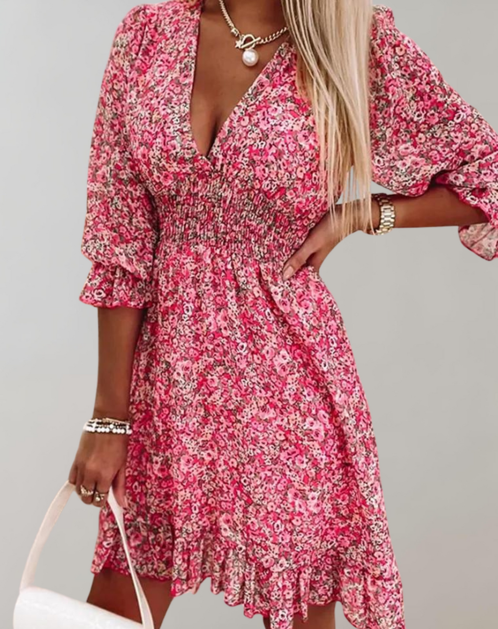 Vestido de verano clásico estampado con escote en V y manga corta para mujer | Ideal para primavera/verano
