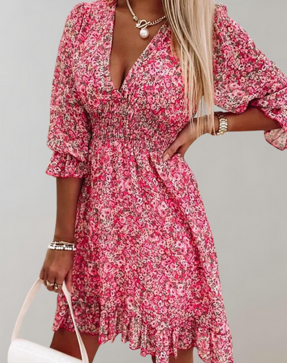 Vestido de verano clásico estampado con escote en V y manga corta para mujer | Ideal para primavera/verano