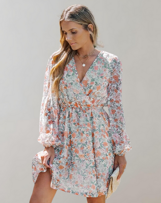Women’s Stylish Waist-Cinching V-Neck Midi Dress with Floral Prints | Ideal for Spring/Summer