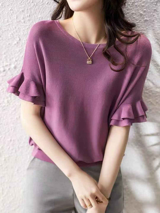 Paige Loose Crew Neck Crew Neck Ruffle Sleeve Knitted Top