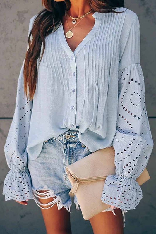V-Neck Single Breasted Loose Flared Long Sleeves Tops