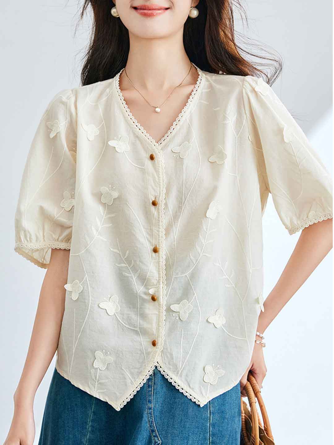 Jessica Retro V-Neck Puff Sleeve Lace Embroidered Top