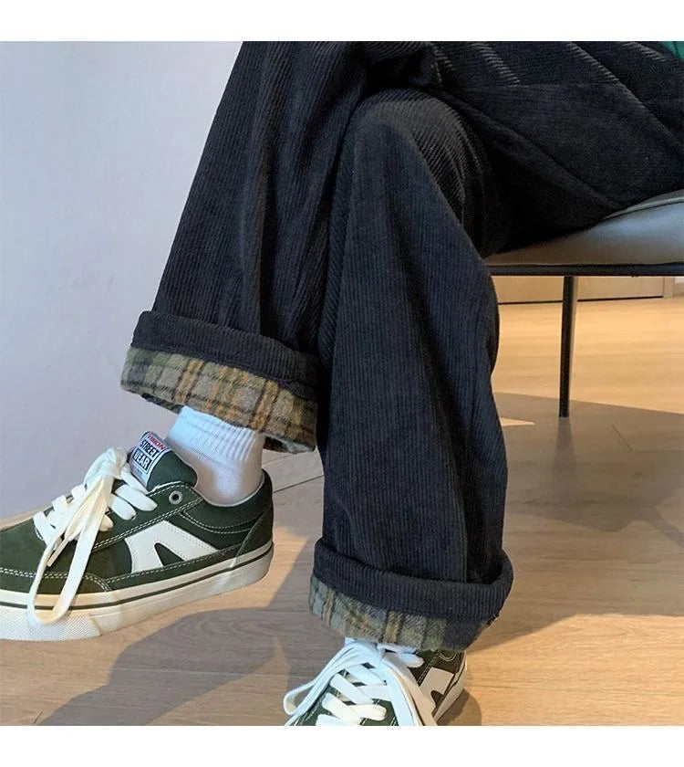 Loose Back Side Plaid Corduroy Long Pants
