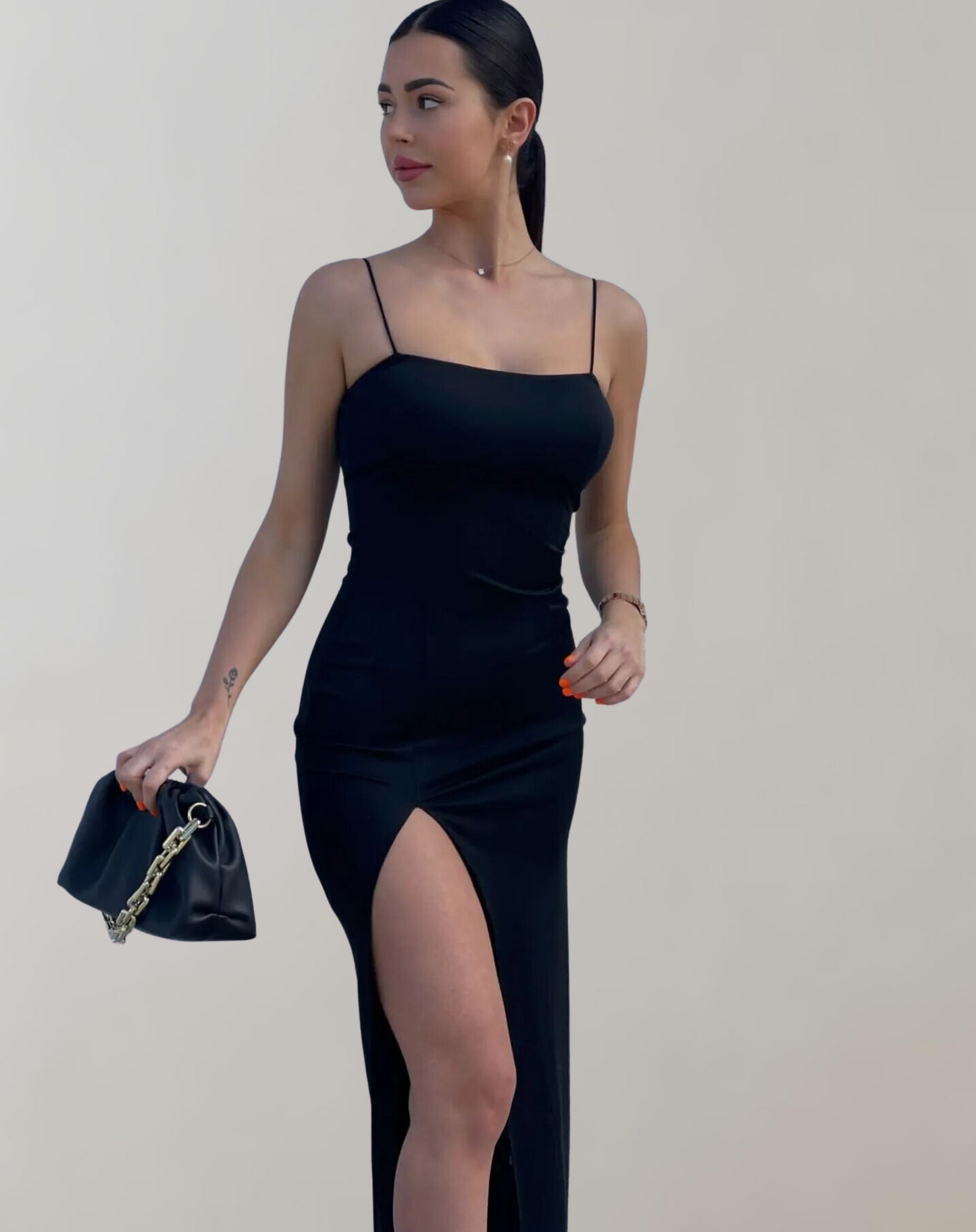 Vestido largo ajustado clásico con escote cuadrado y abertura para mujer | Ideal para primavera/verano