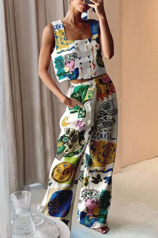 Conjunto de camiseta sin mangas con estampado único y pantalones con bolsillos y cintura elástica en la espalda