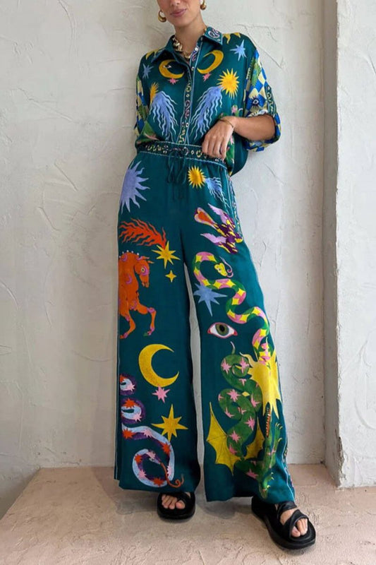 Conjunto de pantalones anchos con bolsillos y cintura elástica con estampado único