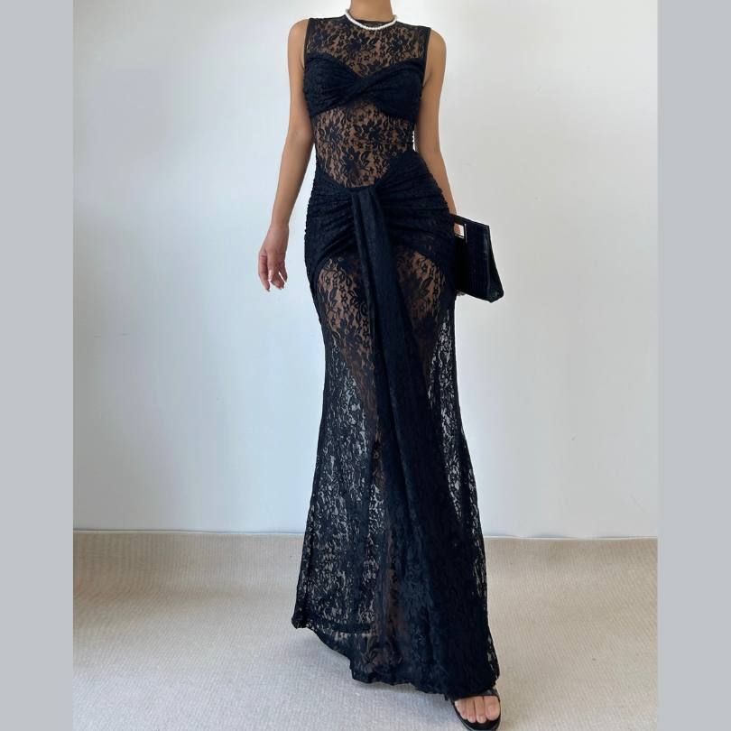 Crewneck sleeveless ruched lace maxi dress  | Festival Outfits Women
