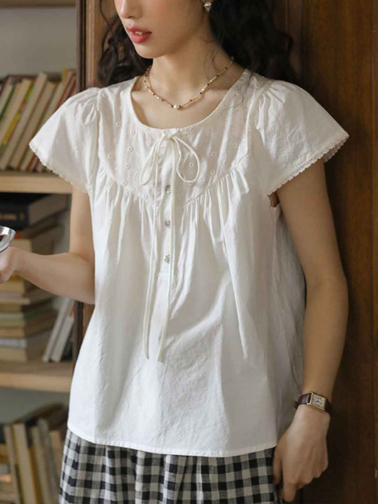 Rachel Retro Crew Neck Bow Tie Embroidered Shirt