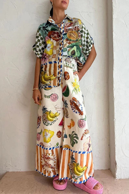 Conjunto casual de dos piezas con estampado artístico de frutas coloridas