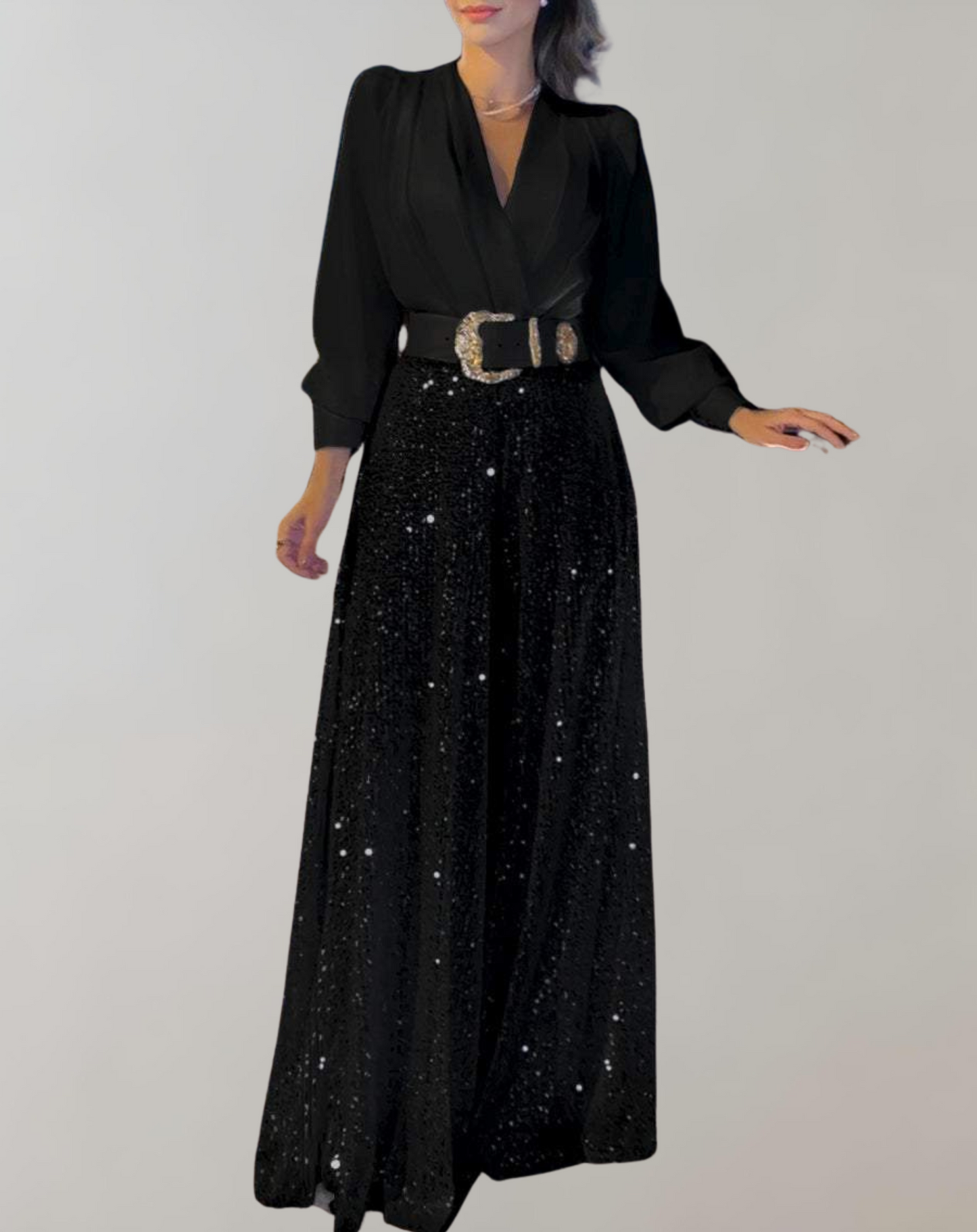 Women's Formal Evening Dress with Belt and Sequin Skirt | Ideal for Spring/Summer