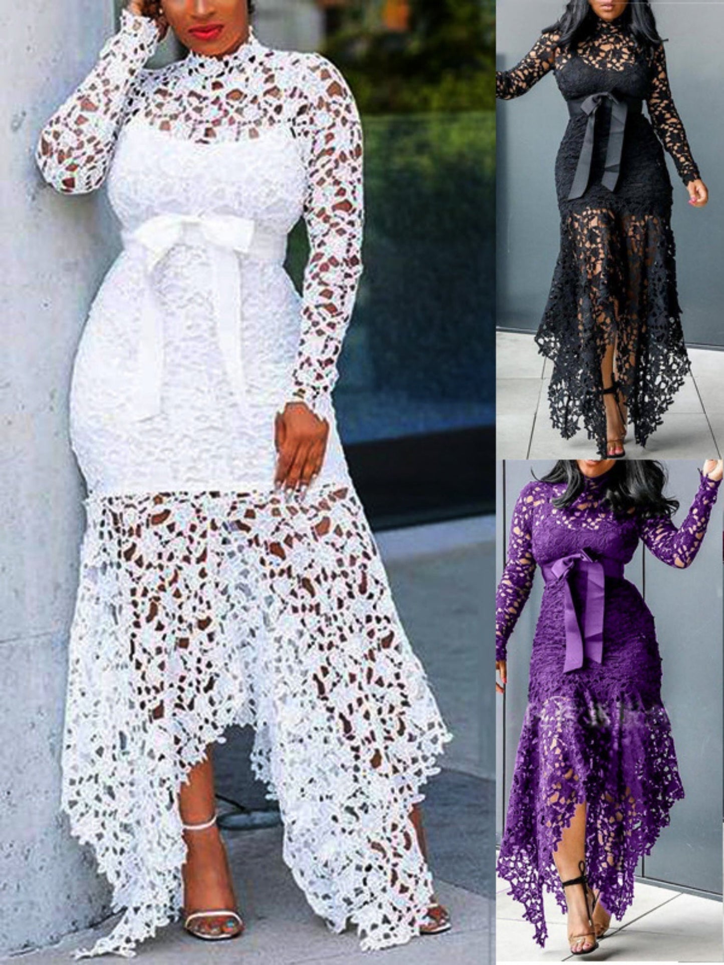 Lace Cutout Lace Up Stand-up Collar Long Sleeves Maxi Dresses