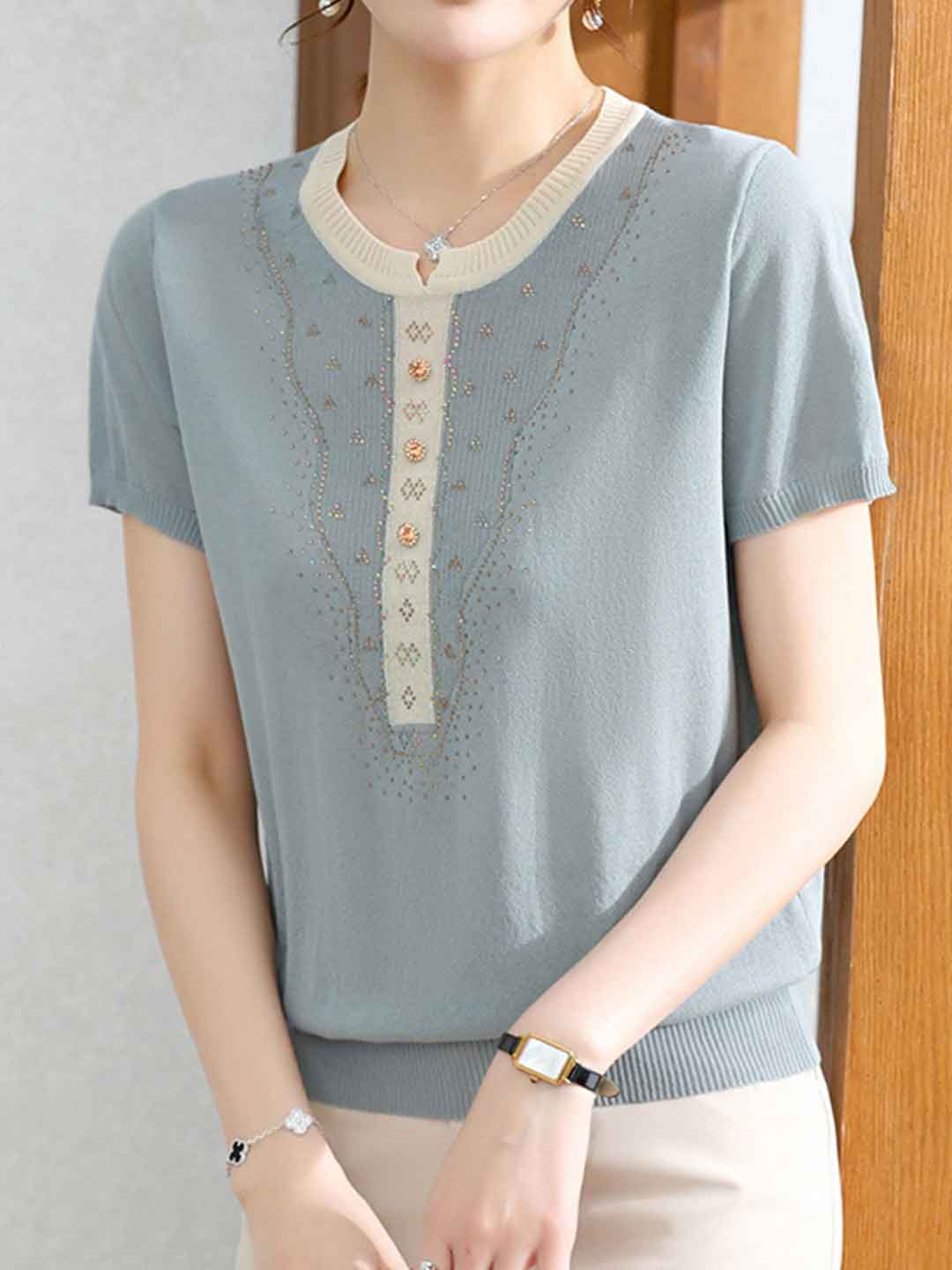 Layla Loose Crew Neck Rhinestone Knitted Top