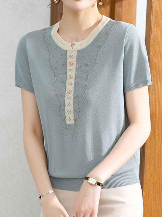 Layla Loose Crew Neck Rhinestone Knitted Top