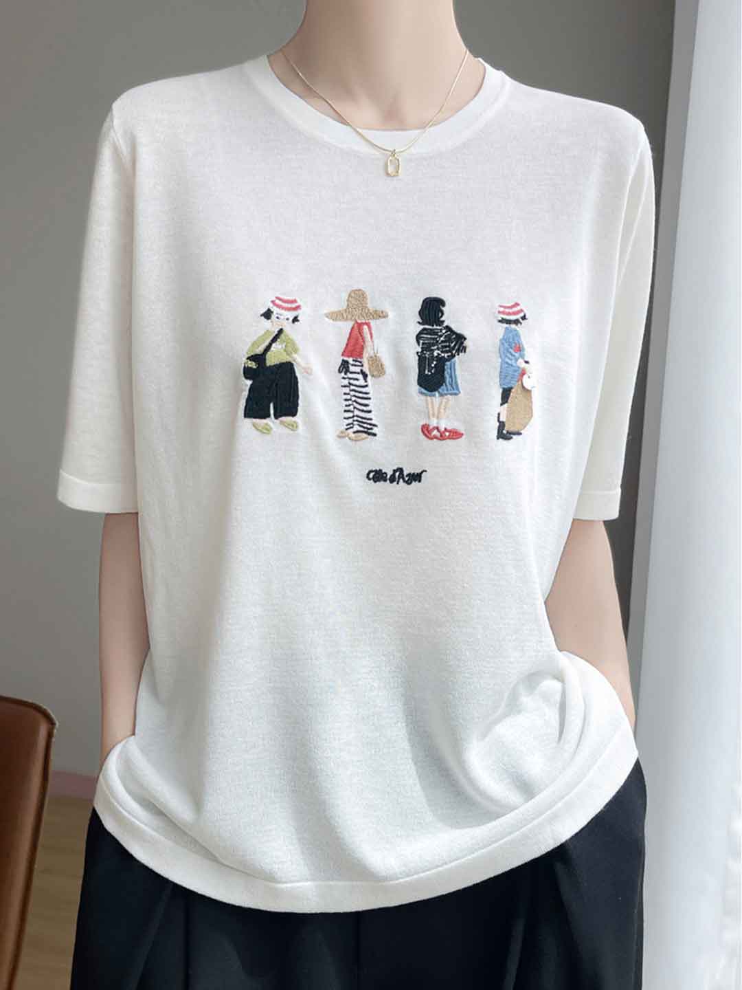 Jocelyn Loose Crew Neck Embroidered Knitted Top