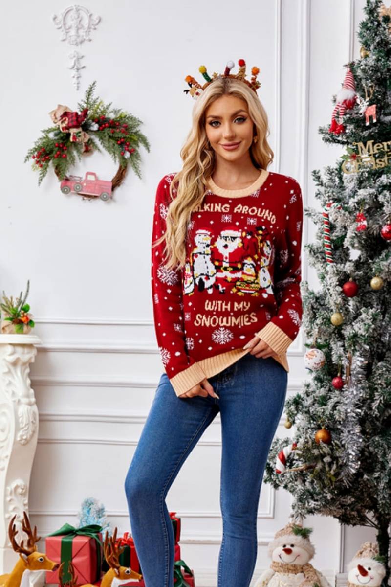 Suéter informal de cuello redondo bordado – Papá Noel y pingüino 