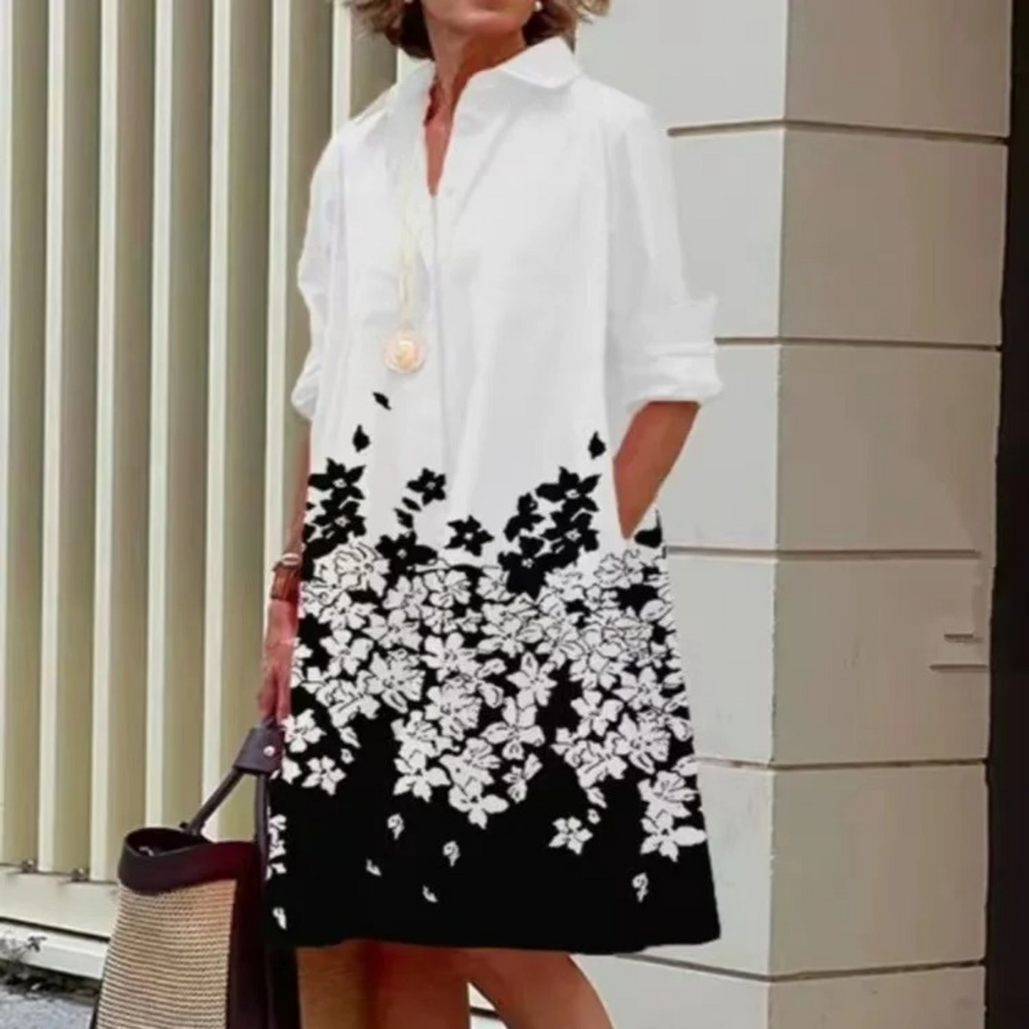 Women's Casual Turn Up Collar Midi Dress with Floral Print | Ideal for Spring/Summer