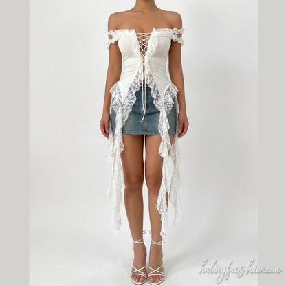 Off shoulder lace up ruffle lace hem top  | Festival Outfits Women