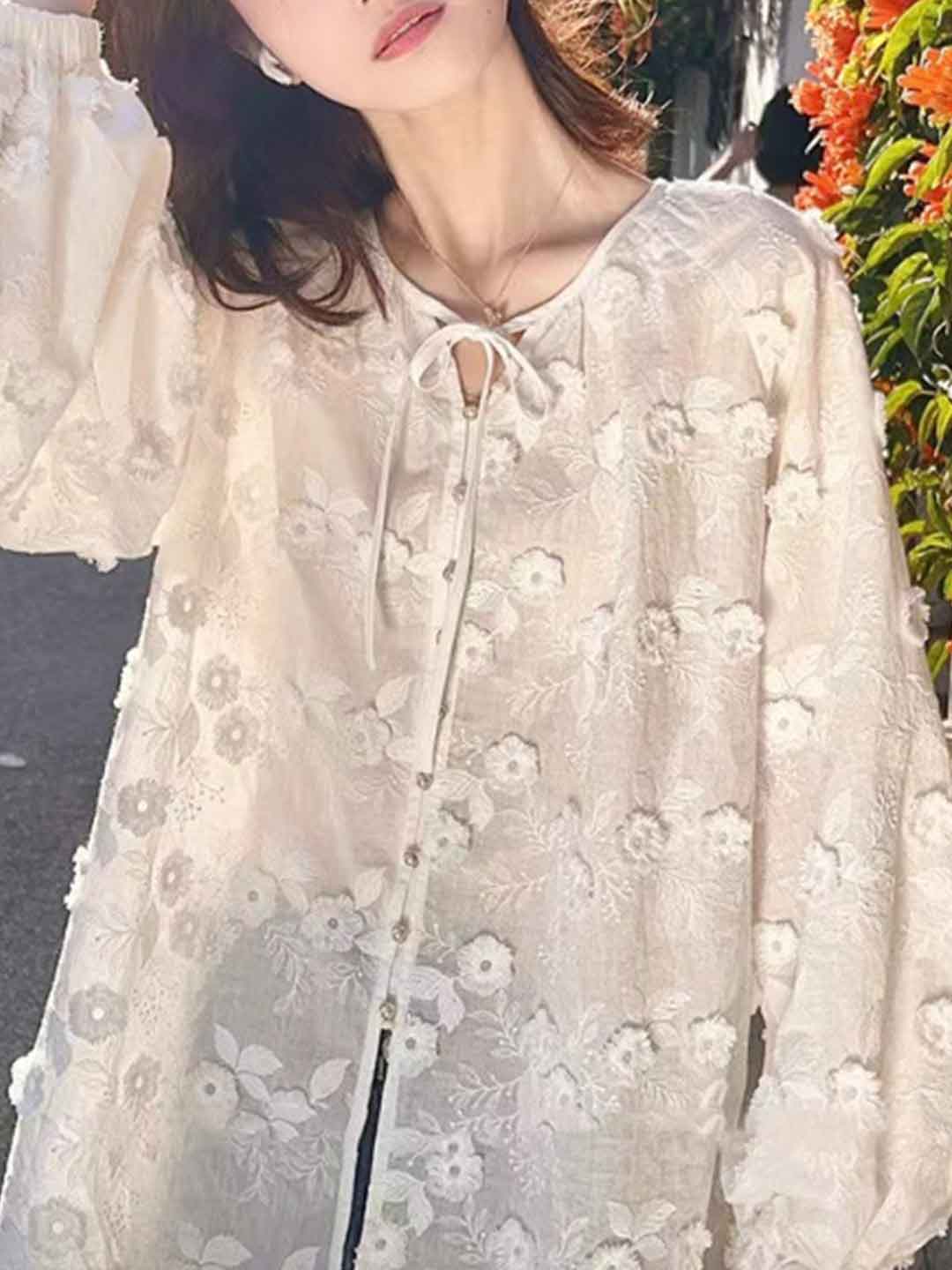 Mariah Chic Solid Color Lace Embroidered Shirt