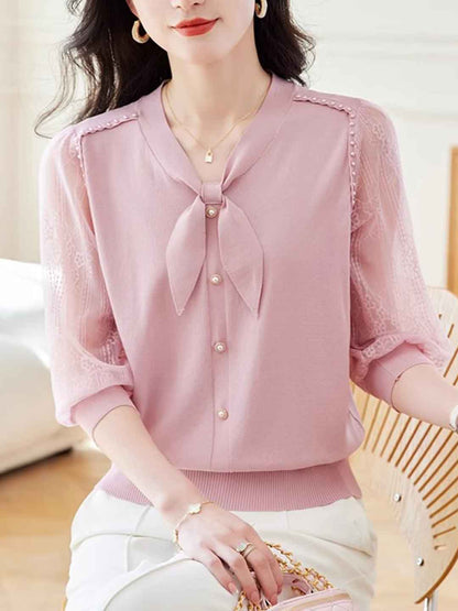Lillian Loose V-Neck Puff Sleeve Bow Lace Knitted Top