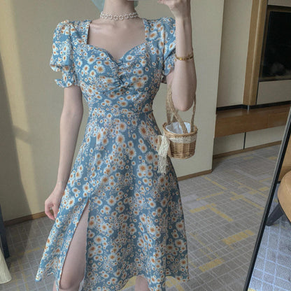 Flowers Pattern Puff Sleeve Split Dress