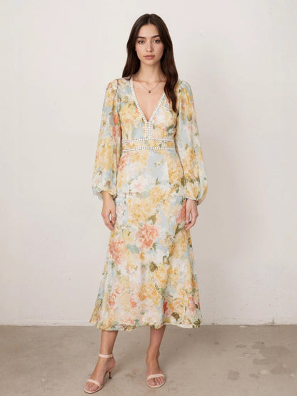 Floral Print Long-Sleeved Bodycon Slim Fit Long Dress