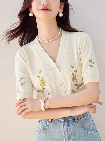 Sophia Retro V-Neck Embroidered Knitted Cardigan