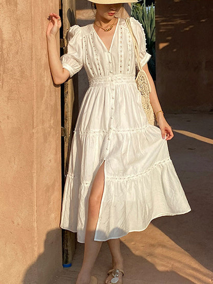 Zoey Elegant V-neck Puff Sleeve Hollowed Dress