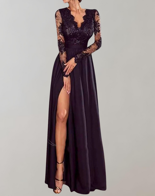 Elegante vestido de noche de encaje floral con abertura para mujer | Ideal para primavera/verano