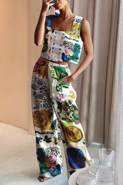 Conjunto de camiseta sin mangas con estampado único y pantalones con bolsillos y cintura elástica en la espalda