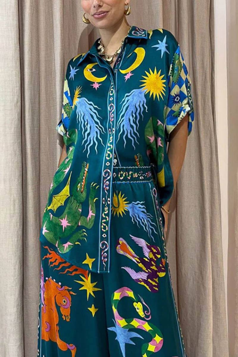 Conjunto de pantalones anchos con bolsillos y cintura elástica con estampado único