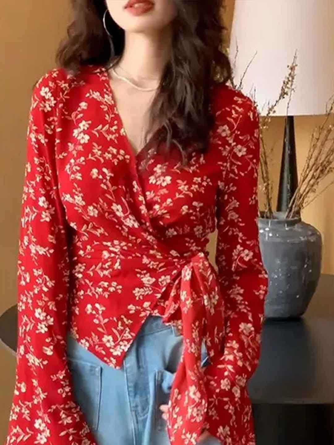 Olivia Vintage V-Neck Floral Chiffon Shirt