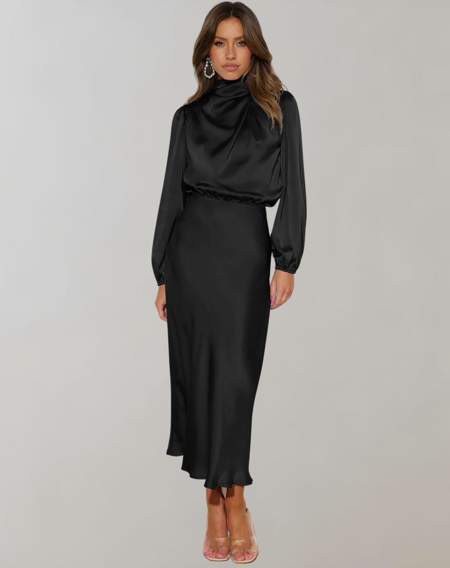Elegante vestido de satén con cuello alto y manga larga para mujer | Ideal para primavera/verano