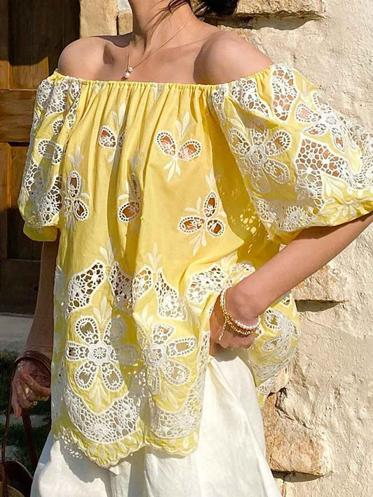 Makayla Loose Off-Shoulder Puff Sleeve Embroidered Top