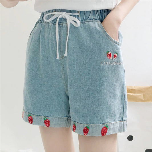 Cute Strawberry Embroidery Denim Shorts Jeans