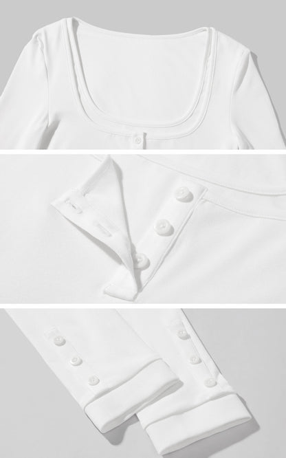 Layered Effect Long Sleeve Top Square Neck Button Detail Tee