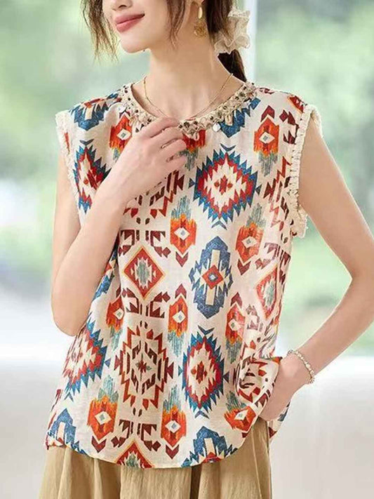 Melanie Vintage Crew Neck Printed Vest