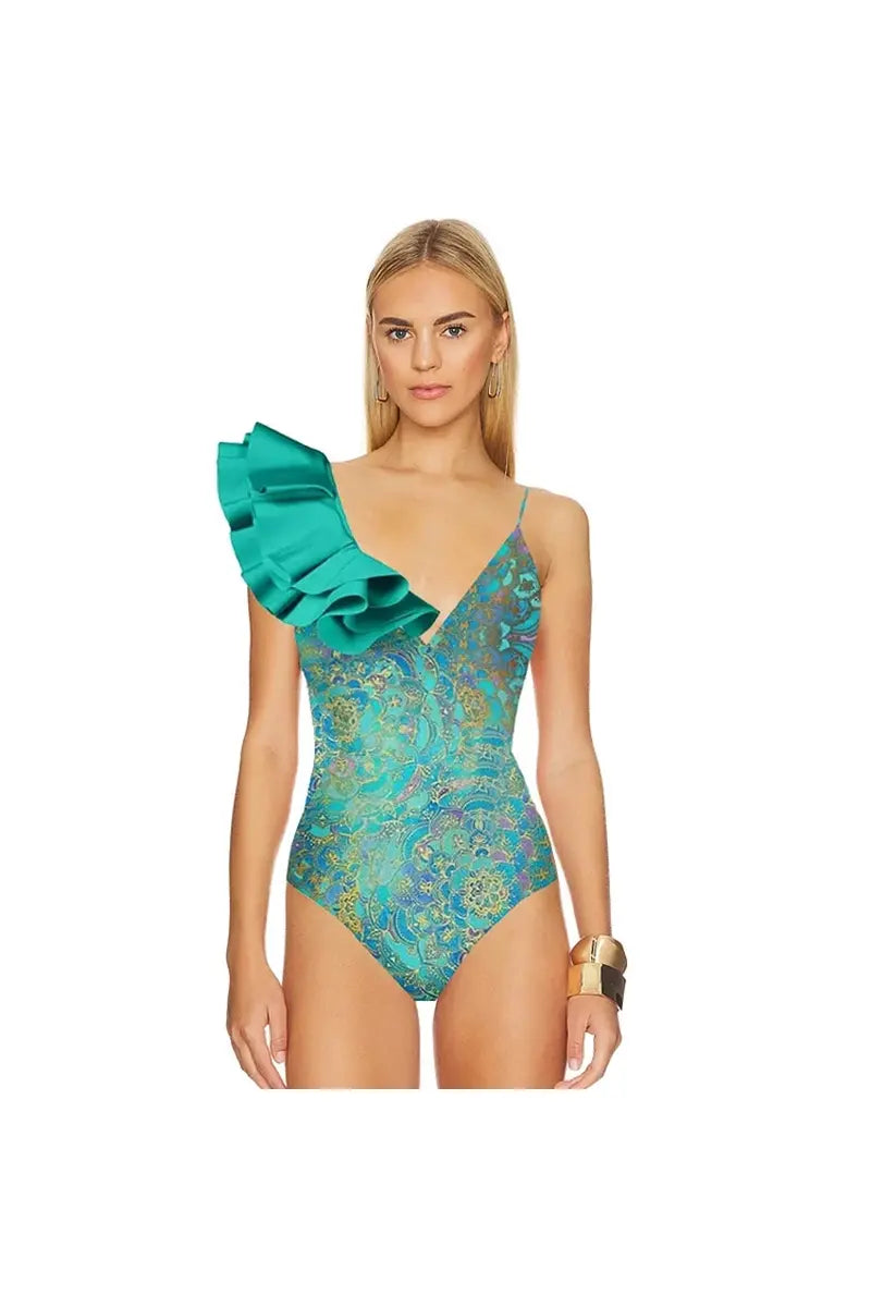 Conjunto de traje de baño de una pieza con estampado de volantes bohemios