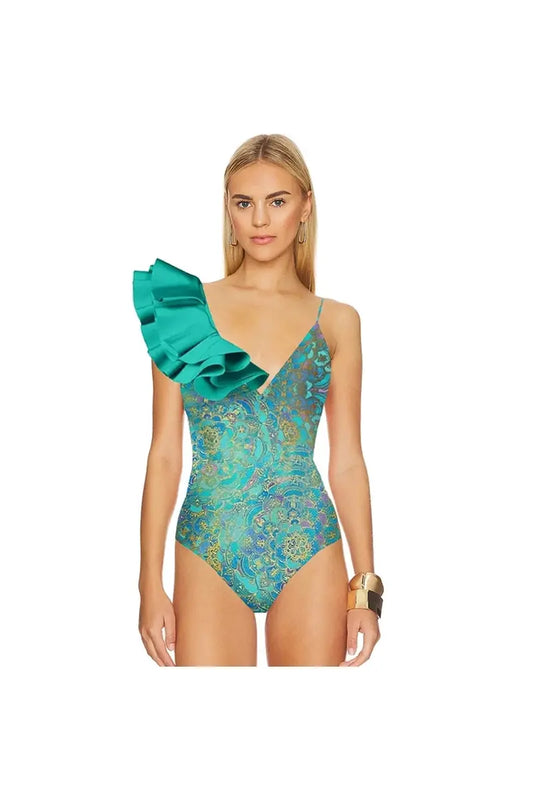 Conjunto de traje de baño de una pieza con estampado de volantes bohemios