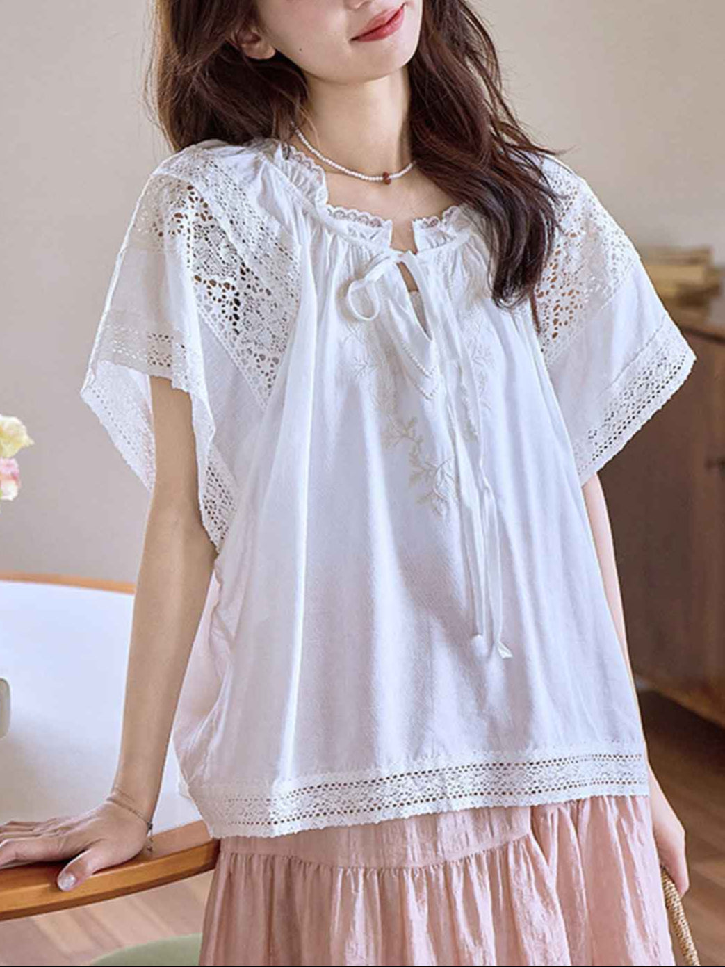 Jessica Chic Lace Embroidered Hollowed Tie Shirt