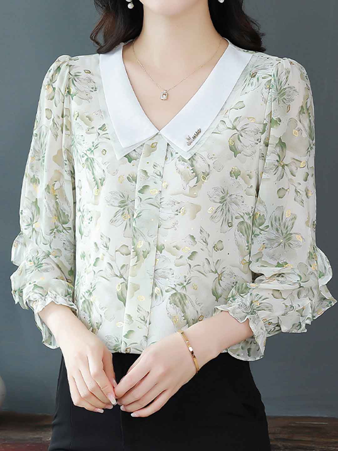 Molly Loose Doll Collar Auricular Floral Chiffon Top