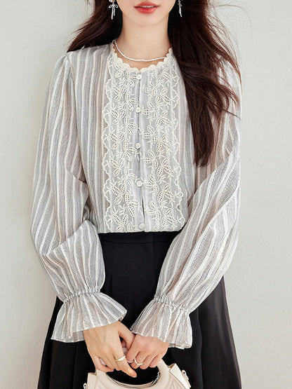 Jessica Vintage Mesh Embroidered Striped Lace Shirt