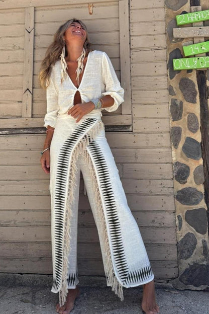 Conjunto de pantalón con flecos negros en contraste Elar