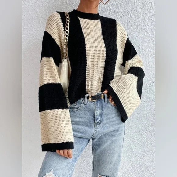 Elegante jersey de punto a rayas de gran tamaño para mujer | Ideal para otoño/invierno