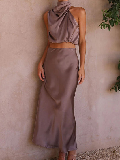 Satin Halter Crop Tank Top + Wrap Mini Skirt